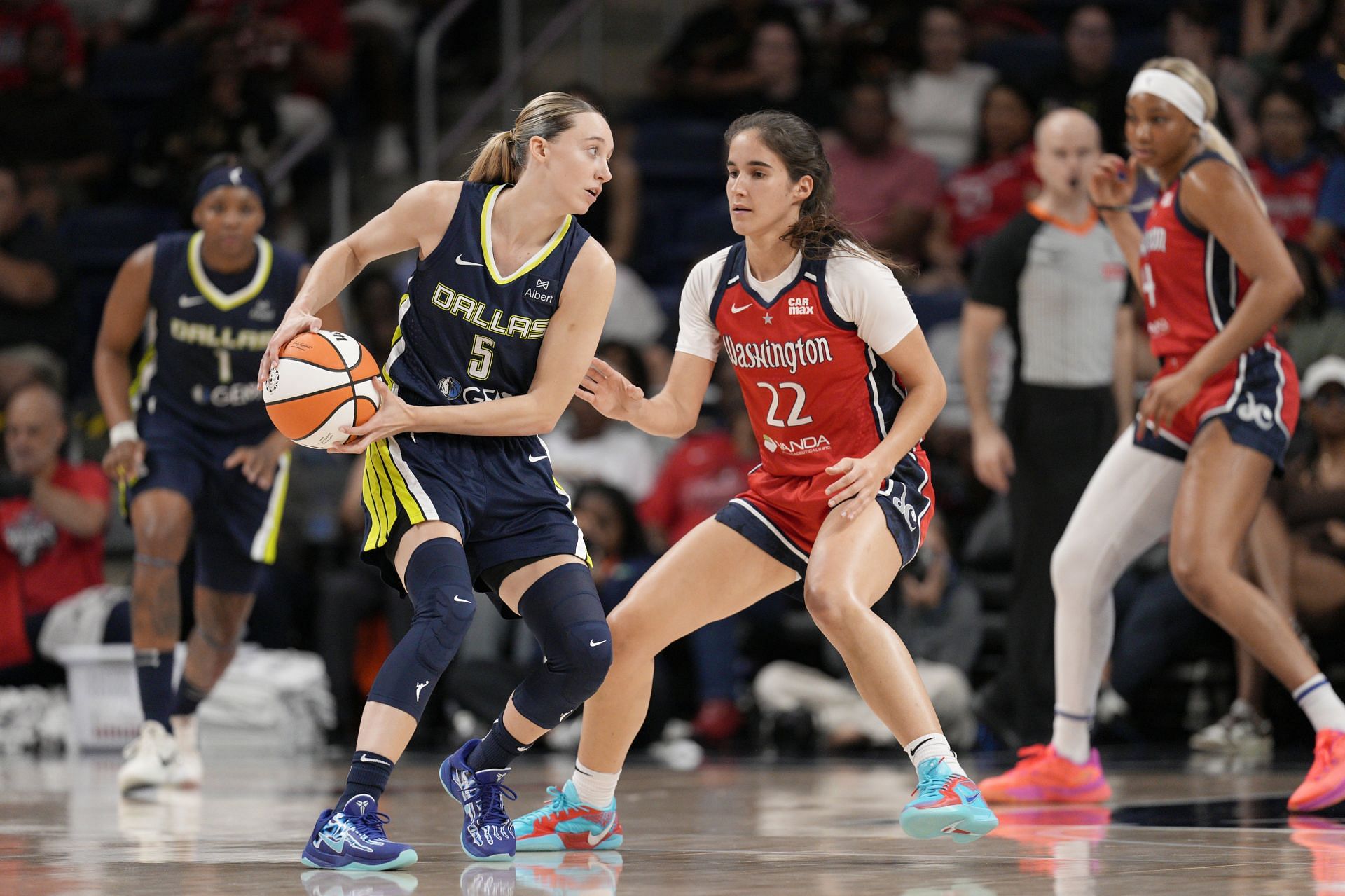 Paige Bueckers (#5) of the Dallas Wings dribbles the ball against Sonia Citron (#22) of the Washington Mystics during the first half at Carefirst Arena on June 22, 2025 in Washington, DC. Photo: Getty